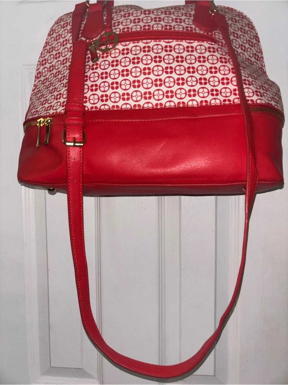 IMAN Red and White Patterned Shoulder Satchel